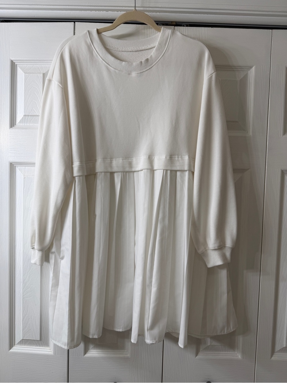 Cream Pleated Sweatshirt Dress